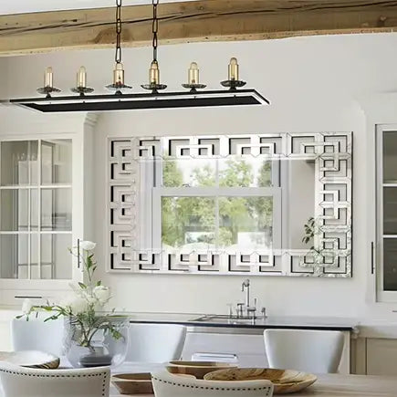 Grand miroir mural décoratif argent à cadre géométrique biseauté