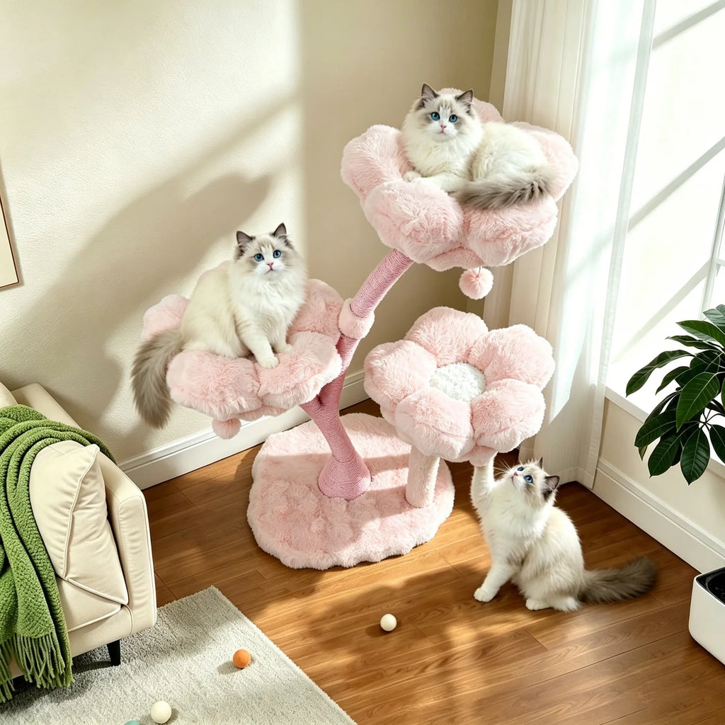 Arbre à Chat Floral avec Maisonnette et Plateformes Rembourrées