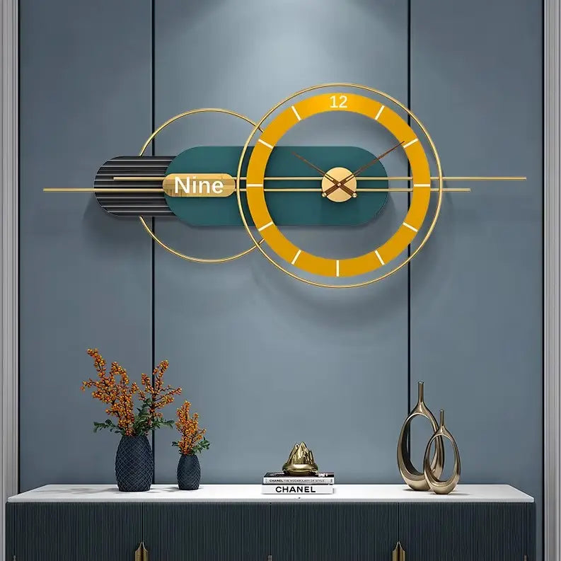 Horloge murale design géométrique jaune et vert style luxe moderne 80 cm