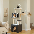 Arbre à chat en bois avec meuble à litière – grande tour multi-niveaux avec griffoirs en sisal, hamac et jouets suspendus