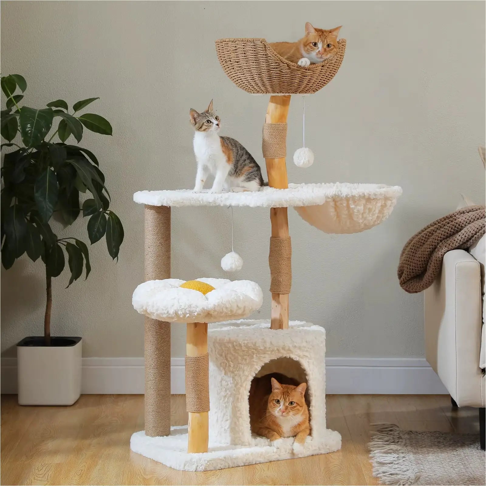 Arbre à chat BlancRoyal – La tour féline de luxe au design floral 123 cm