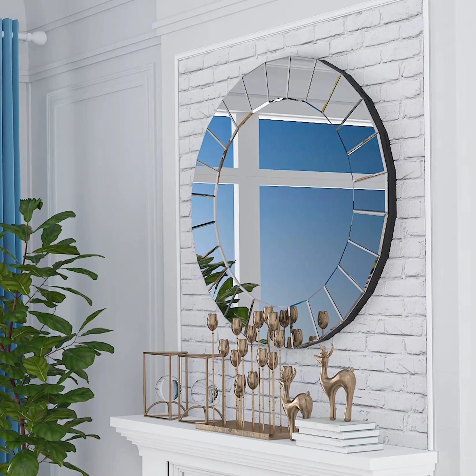 Grand miroir mural rond design moderne argent