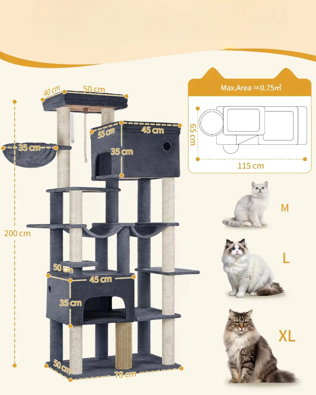 Arbre à chat XXL Titan Crown – Le palais vertical des grands chats comme les Maine Coon 200 cm