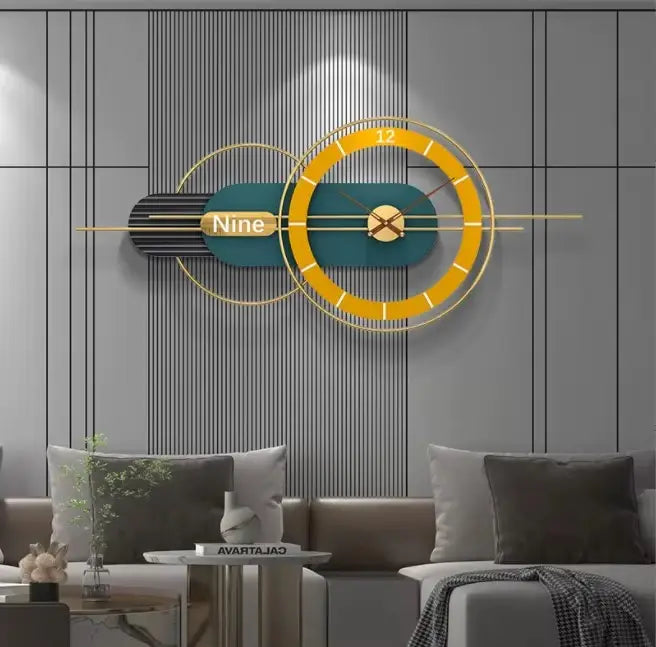 Horloge murale design géométrique jaune et vert style luxe moderne 80 cm