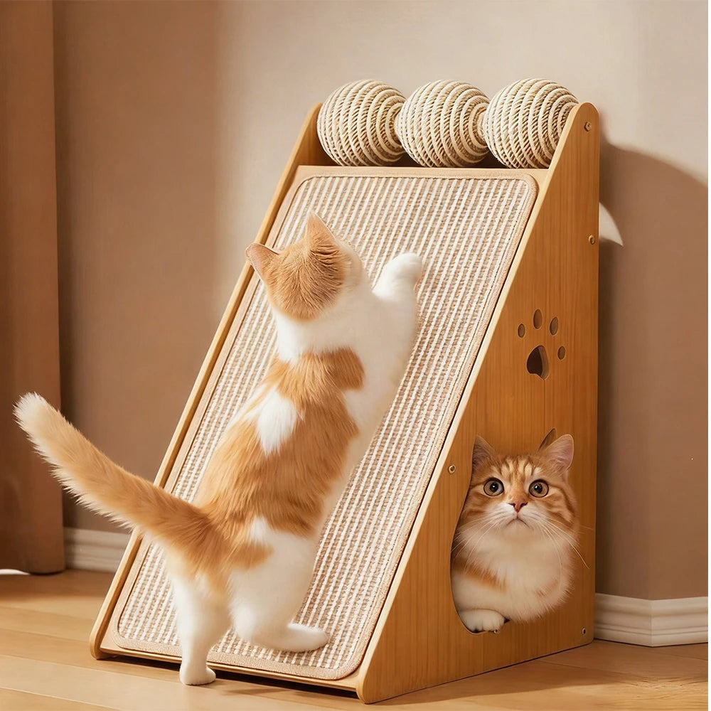 GRIFFOIR POUR CHAT EN BOIS – GRIFFOIR VERTICAL AVEC 3 BALLES SUPÉRIEURES, BALLE SUSPENDUE & CACHETTE