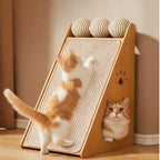 GRIFFOIR POUR CHAT EN BOIS – GRIFFOIR VERTICAL AVEC 3 BALLES SUPÉRIEURES, BALLE SUSPENDUE & CACHETTE