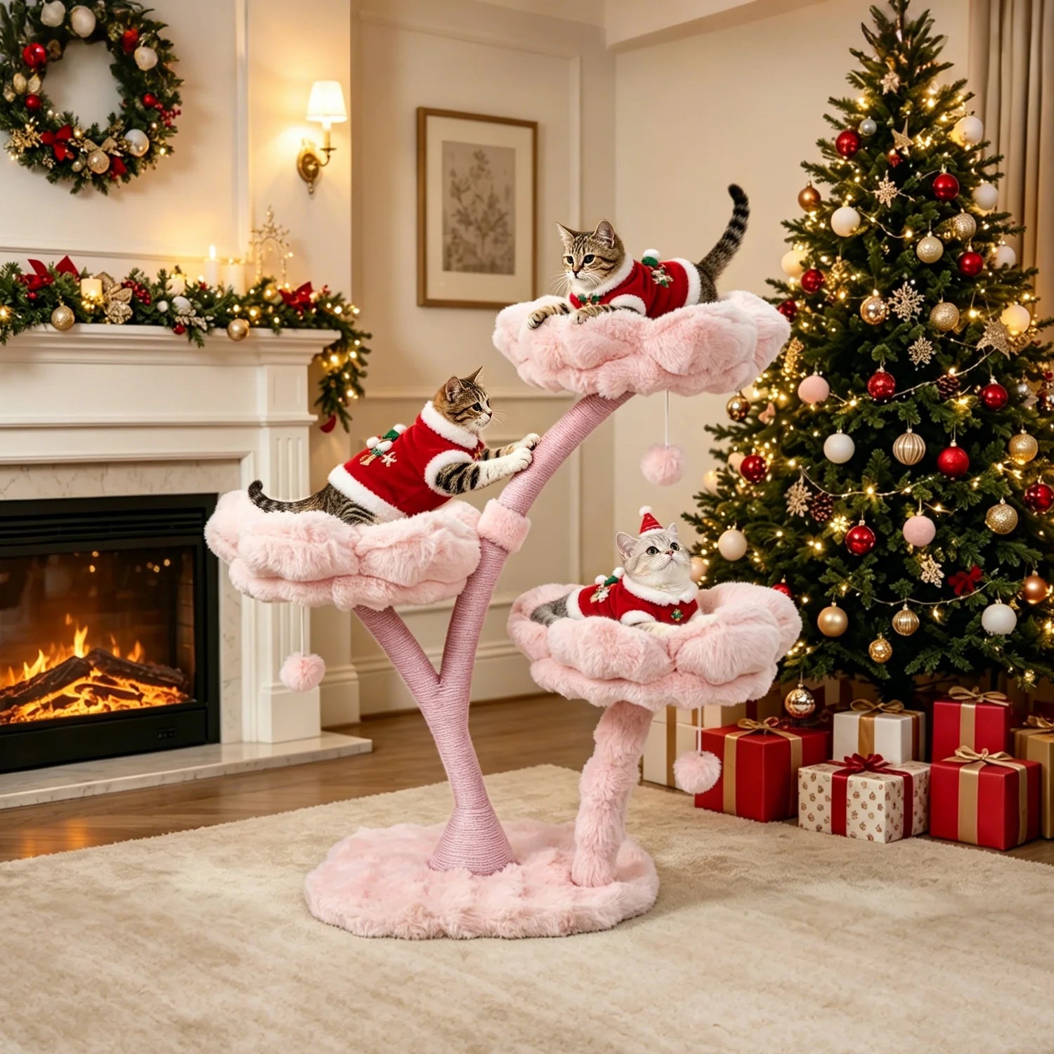 Arbre à Chat Floral avec Maisonnette et Plateformes Rembourrées