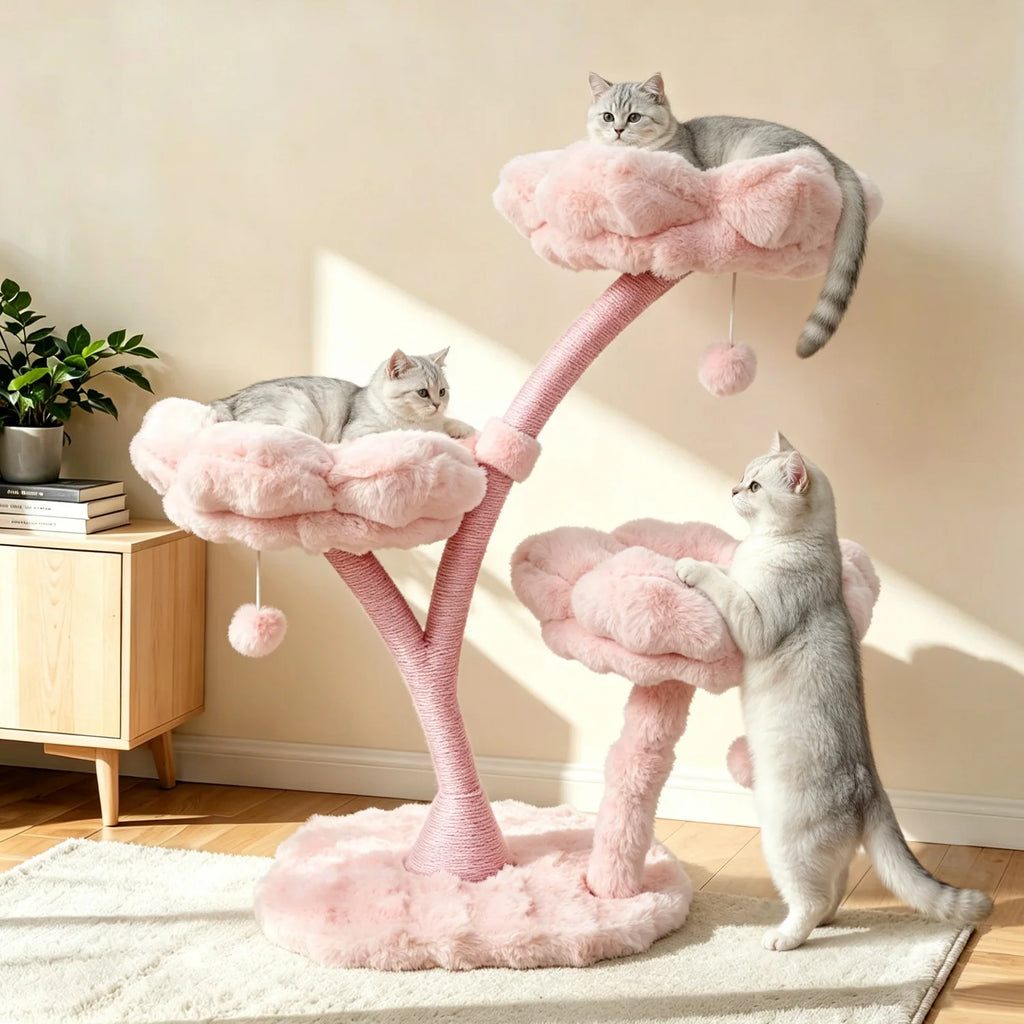 Arbre à Chat Floral avec Maisonnette et Plateformes Rembourrées