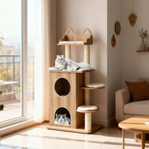 ARBRE À CHAT EN BOIS 2 ÉTAGES AVEC DOUBLE NICHE