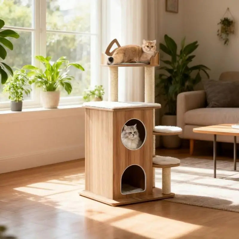 ARBRE À CHAT EN BOIS 2 ÉTAGES AVEC DOUBLE NICHE