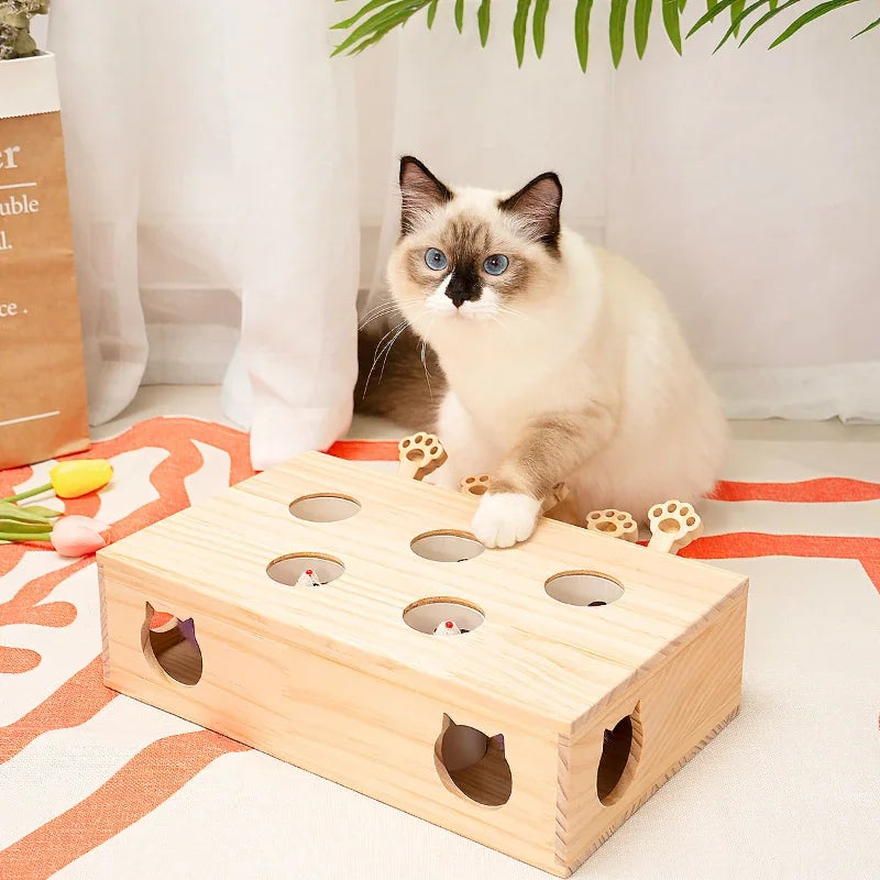 JEU INTERACTIF "TAPE LA TAUPE" EN BOIS POUR CHAT