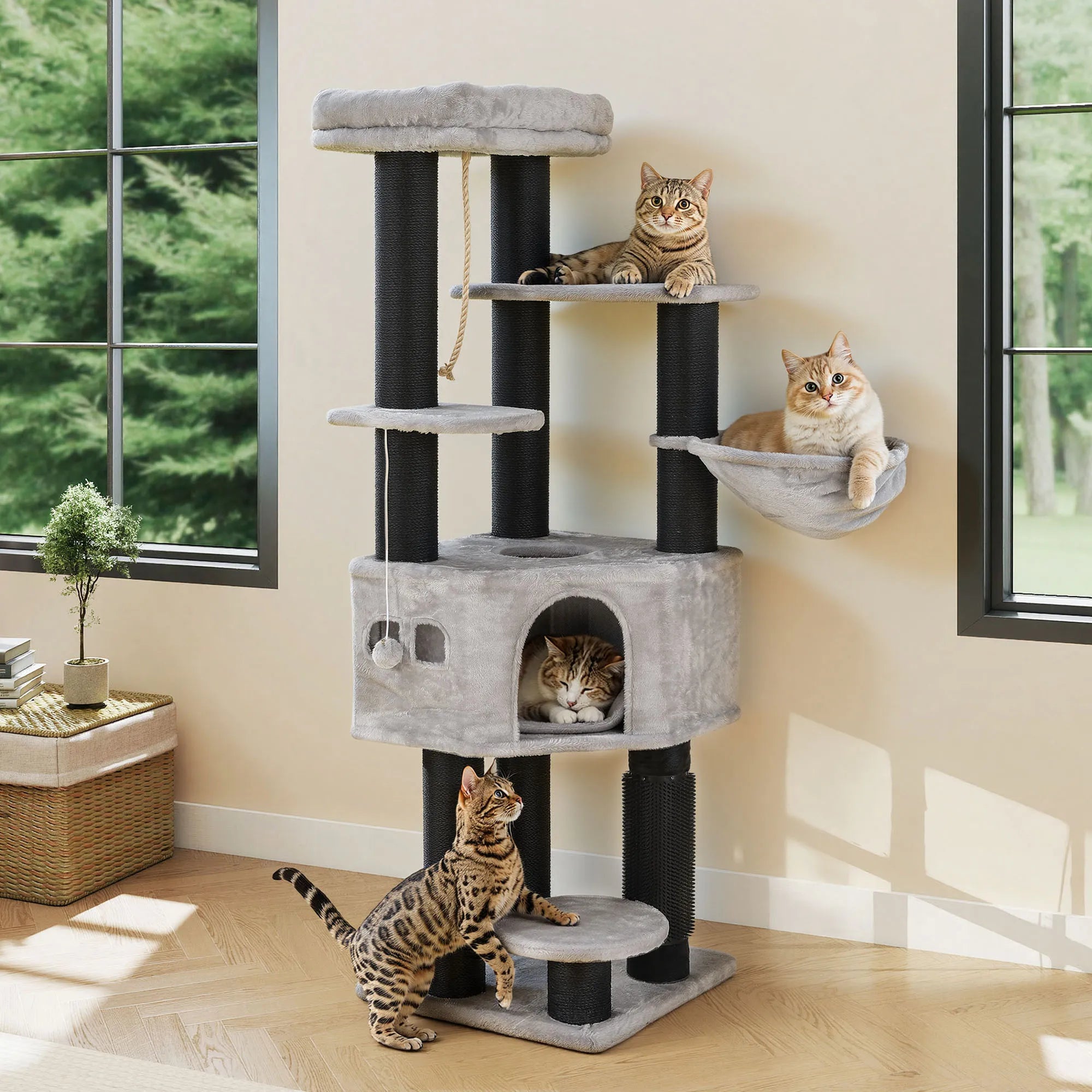 Arbre à Chat XL Gros Poteaux 157 cm – 8 poteaux en sisal, niche, plateformes & brosses de toilettage