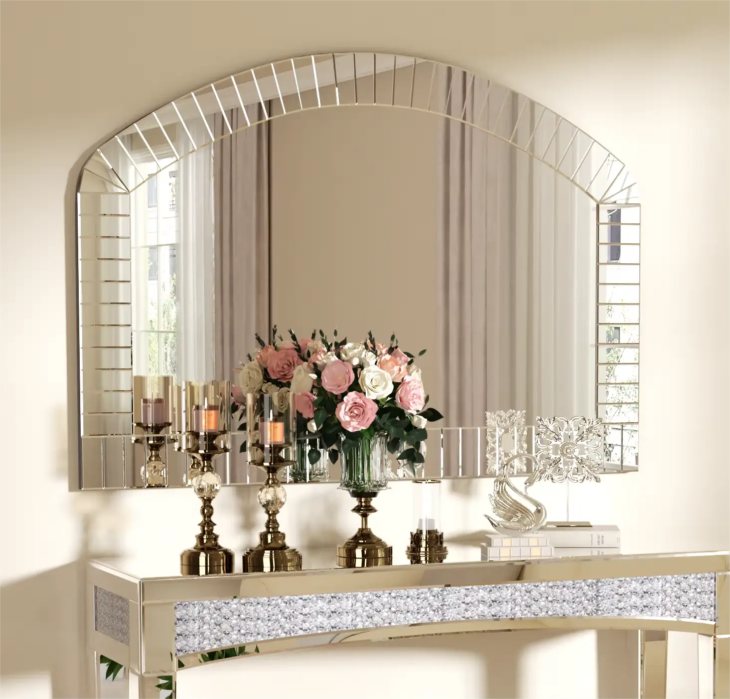 Grand miroir mural arqué argent