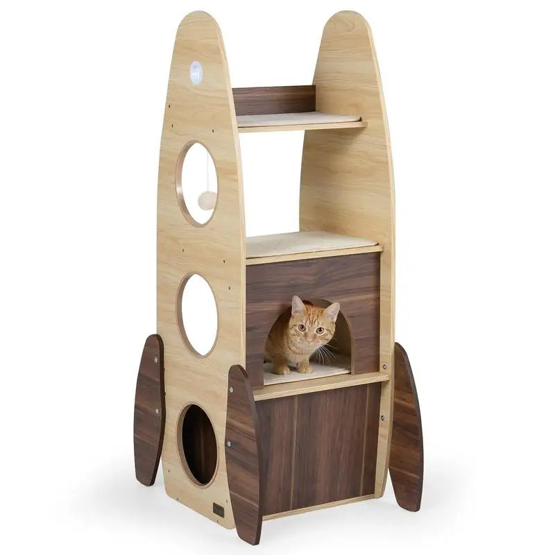 ARBRE À CHAT FUSÉE EN BOIS AVEC MAISON 2 ÉTAGES