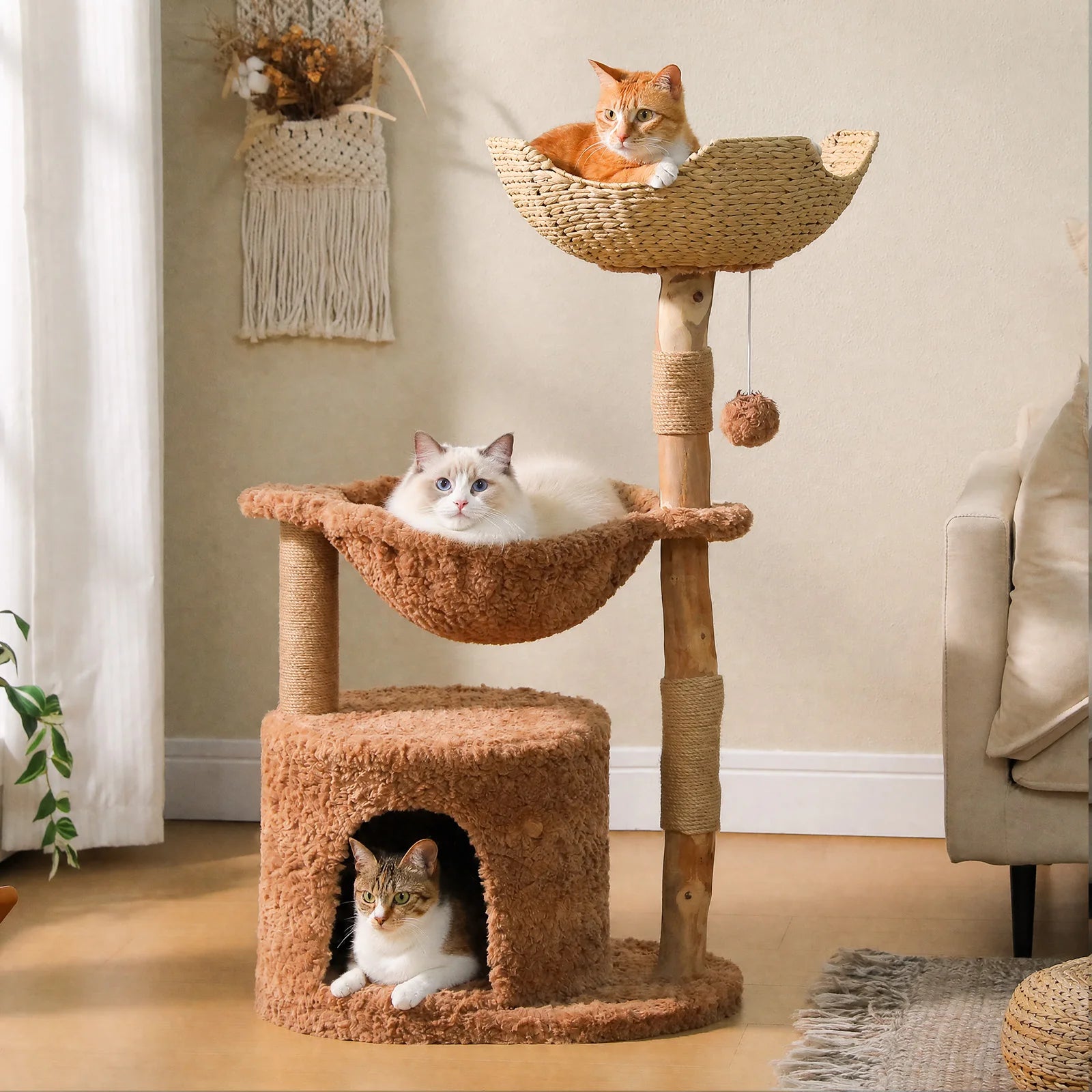 ARBRE À CHAT EN BOIS AVEC GRAND PANIER EN OSIER ET HAMAC