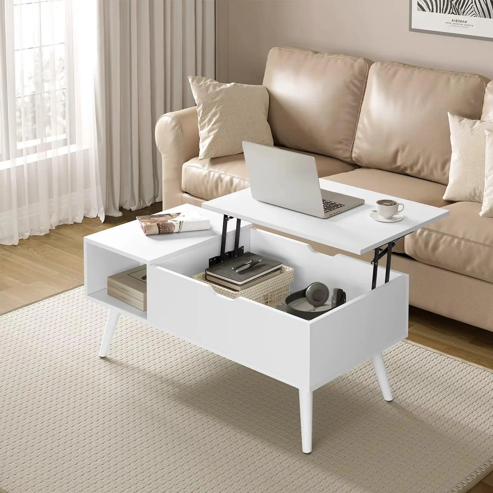 Table basse relevable minimaliste avec rangement