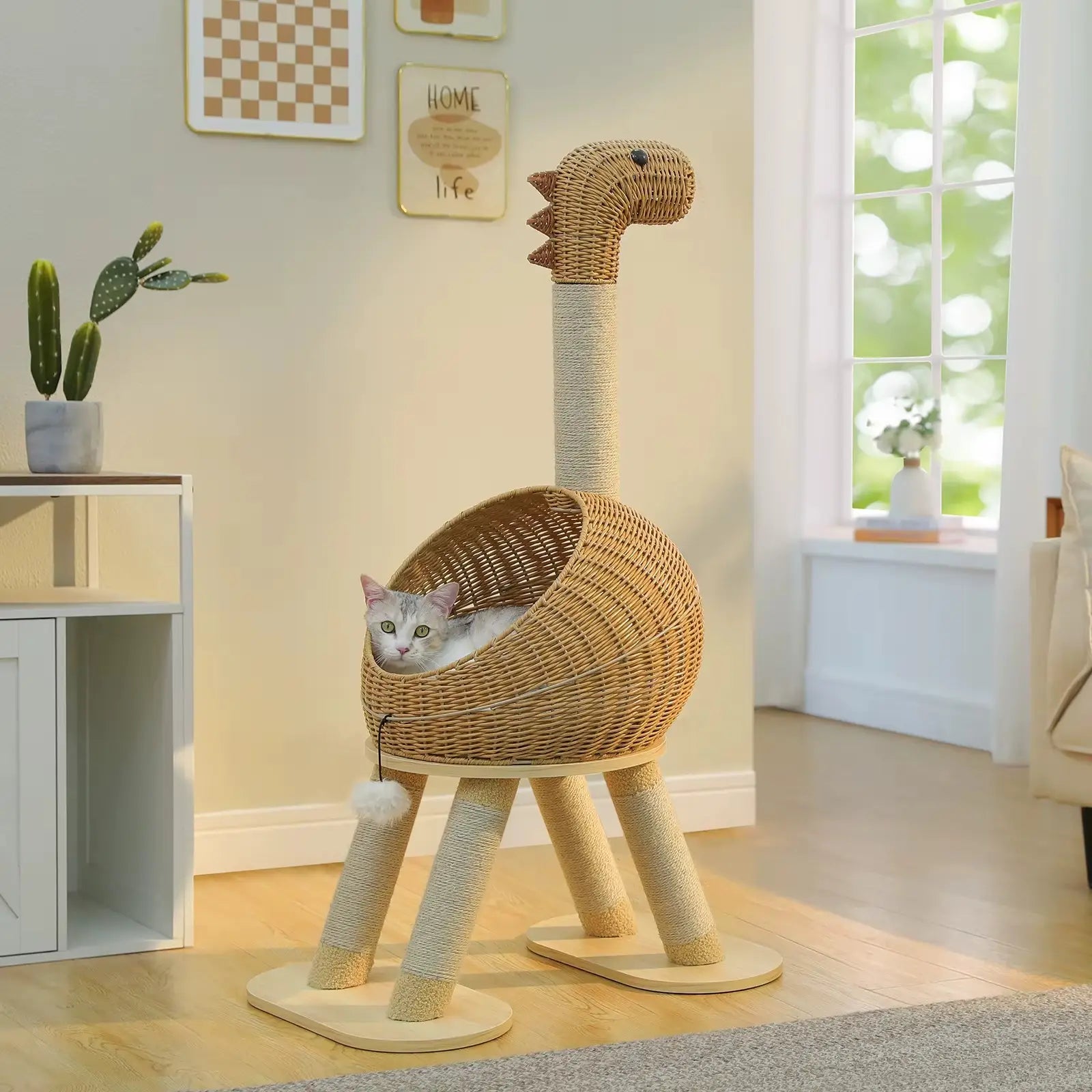 JURASSIA NEST – ARBRE À CHAT DESIGN EN BOIS ET ROTIN NATUREL 116 CM