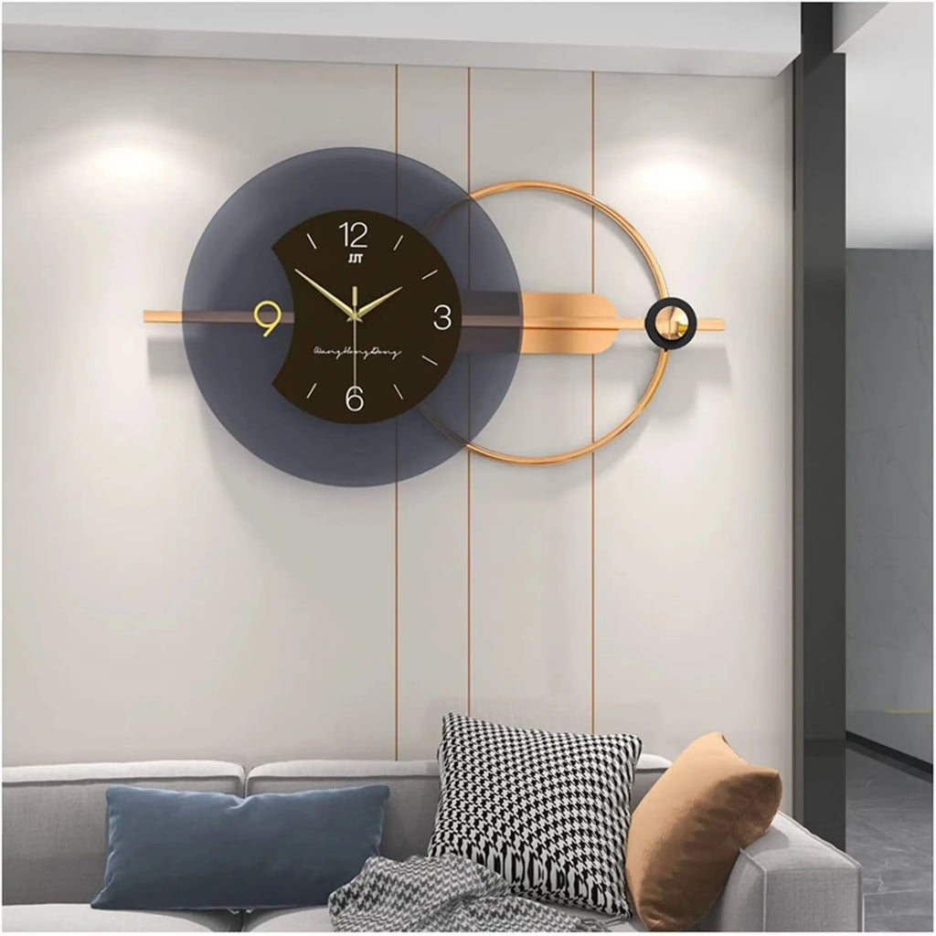 Horloge murale design graphique noir et doré avec cerclage décoratif 80 cm