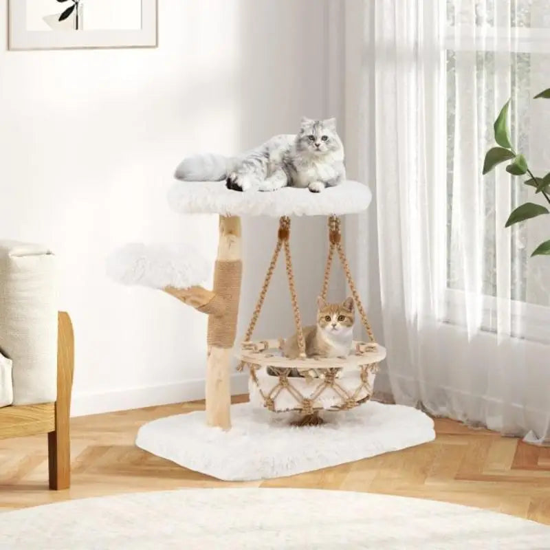 FINI LES ARBRES À CHAT ENCOMBRANTS – ARBRE À CHAT DESIGN AVEC BALANCELLE ET TRONC EN BOIS MASSIF