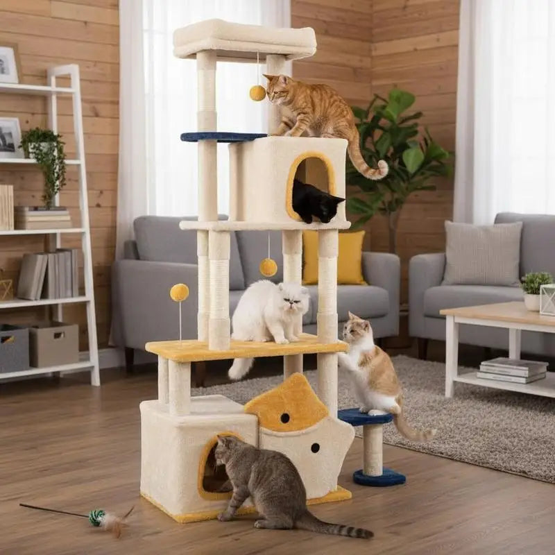 ARBRE À CHAT EN BOIS AVEC PLATEFORMES EN FORME DE POISSON