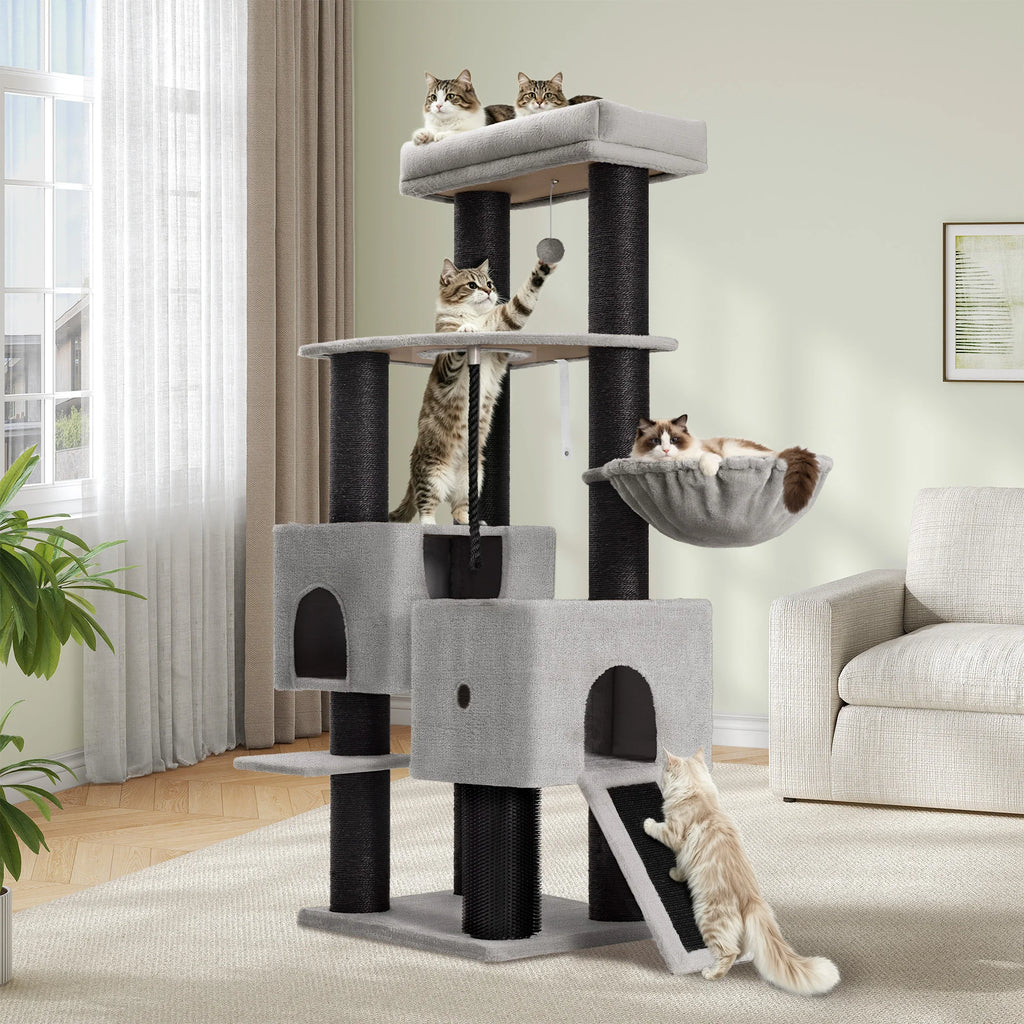 Arbre à Chat XL Gros Poteaux 160 cm – multi-chats avec 10 poteaux en sisal, niches & panier suspendu