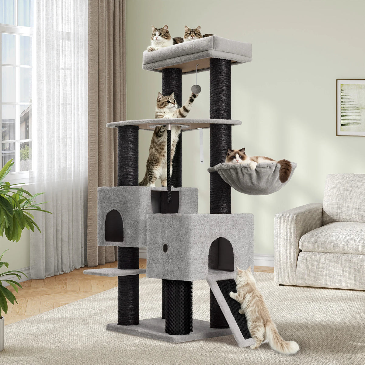 Arbre à Chat XL Gros Poteaux 160 cm – multi-chats avec 10 poteaux en sisal, niches & panier suspendu