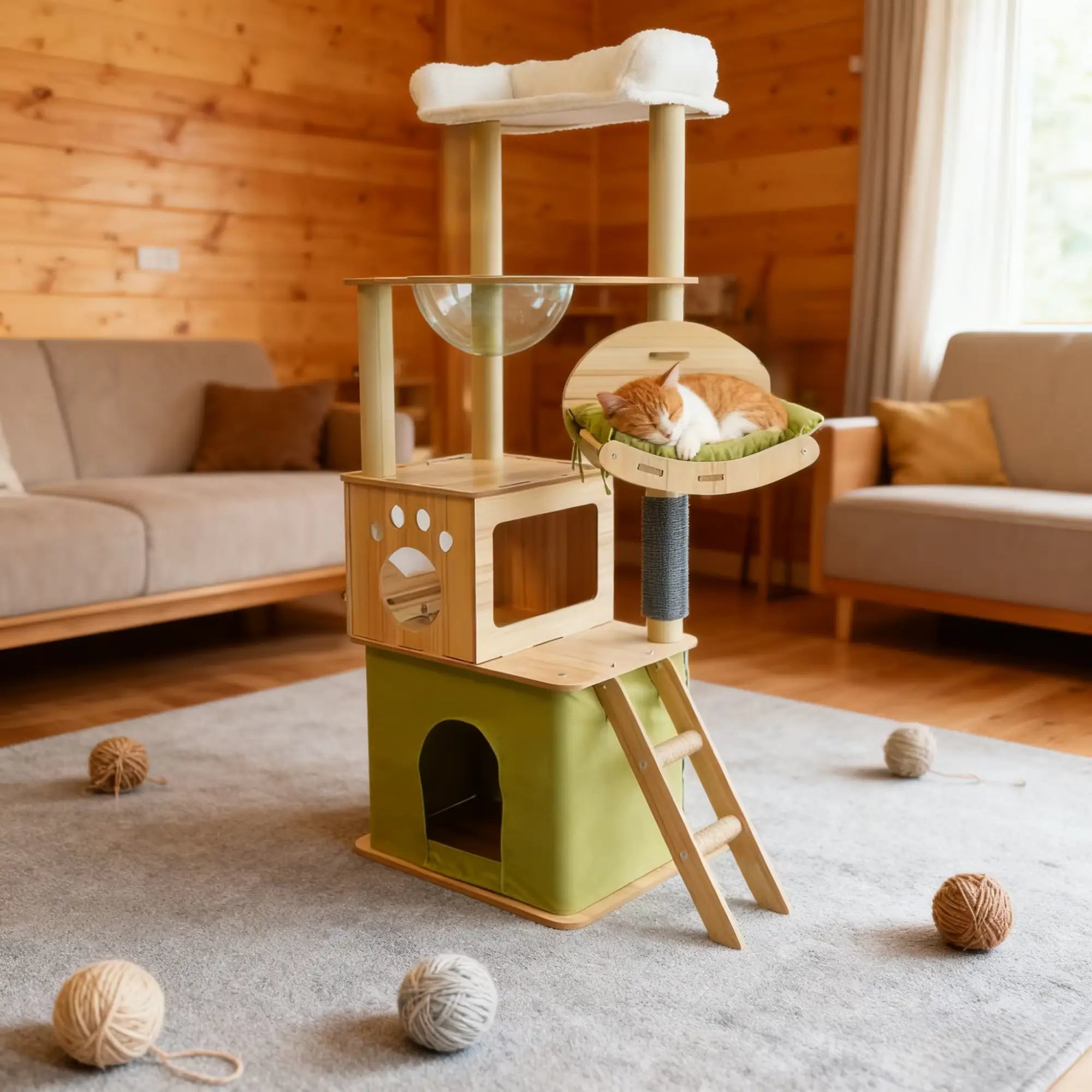 Arbre à chat en bois massif SkyGrande – L’arbre à chat premium pour félins actifs