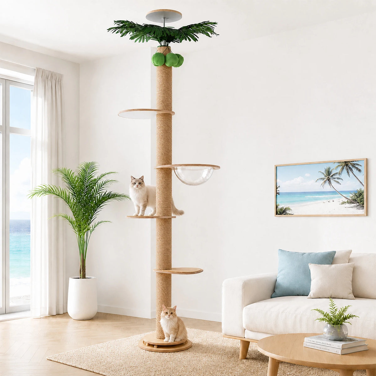 Arbre à chat du sol au plafond avec griffoir en sisal, lit en acrylique et perchoir supérieur