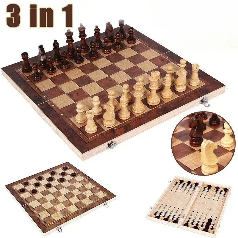 ÉCHIQUIER PLIABLE EN BOIS 3 EN 1 – ÉCHECS, DAMES & BACKGAMMON