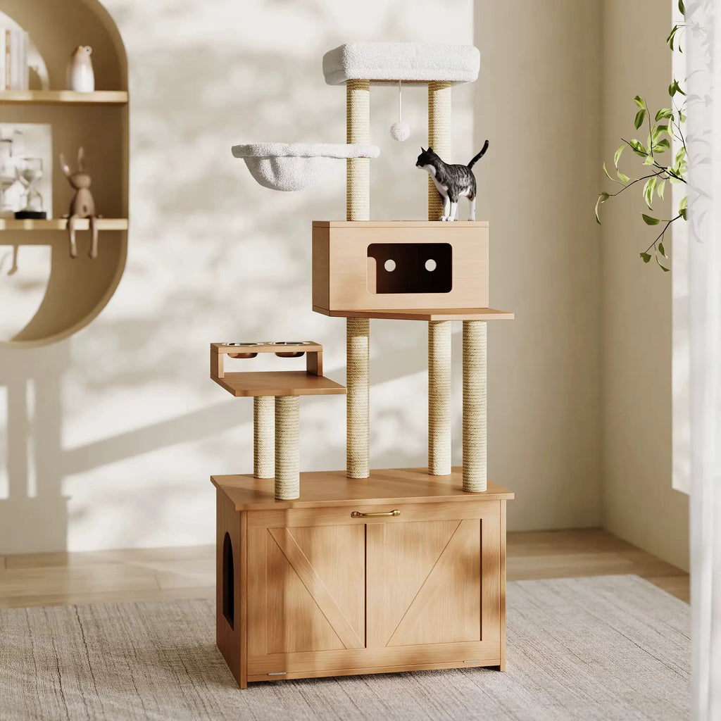 Arbre à chat en bois massif PrestigeLounge – Le meuble félin tout-en-un au design intelligent 173 cm