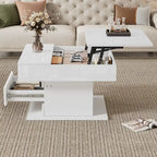 Table basse carrée blanche brillante avec plateau relevable et rotation 360°