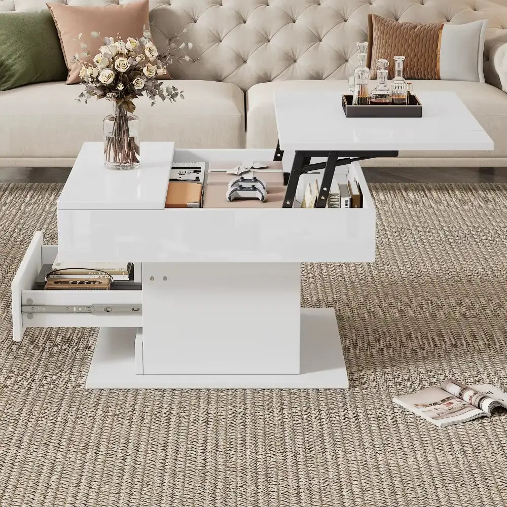 Table basse carrée blanche brillante avec plateau relevable et rotation 360°