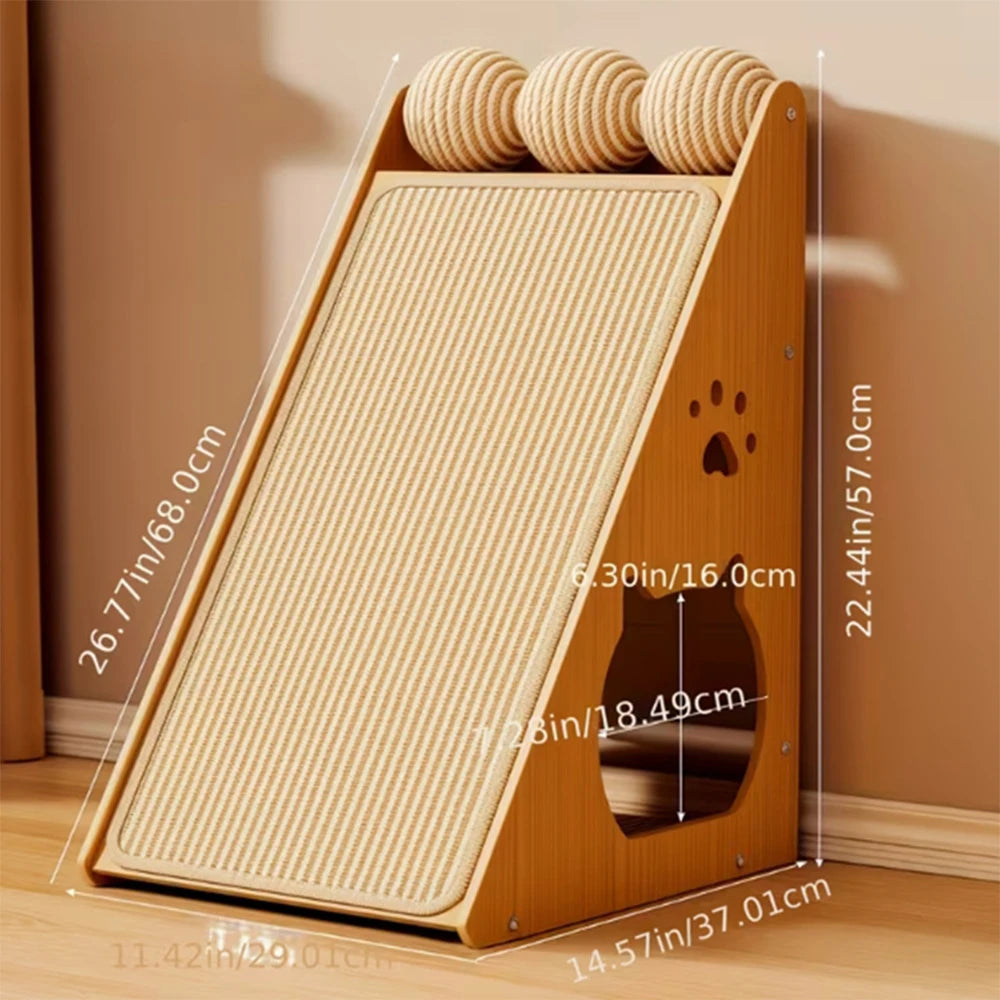 GRIFFOIR POUR CHAT EN BOIS – GRIFFOIR VERTICAL AVEC 3 BALLES SUPÉRIEURES, BALLE SUSPENDUE & CACHETTE