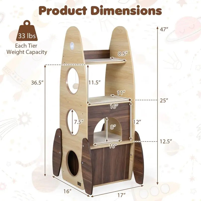 ARBRE À CHAT FUSÉE EN BOIS AVEC MAISON 2 ÉTAGES