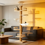 Arbre à chat en bois du sol au plafond multi-niveaux avec hamac et capsule spatiale