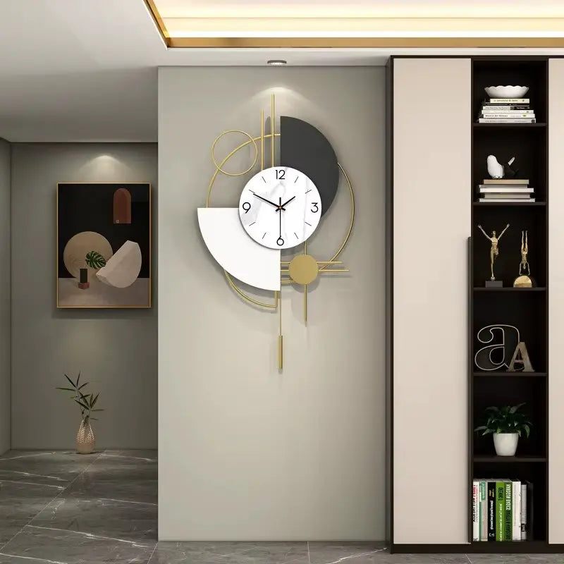 Horloge murale abstrait blanc et anthracite à composition géométrique dorée 60 cm