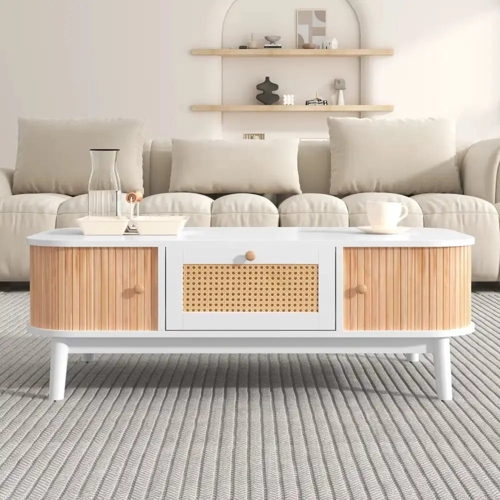 Table basse rotin et bois avec rangement intégré