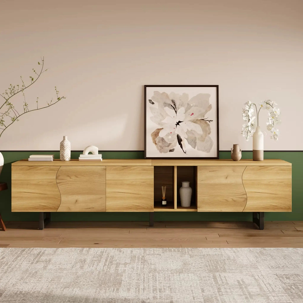 Meuble TV bois naturel avec portes courbées