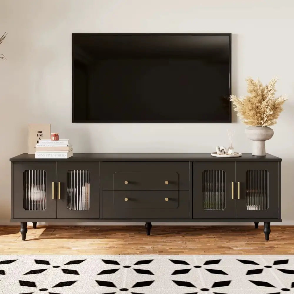Meuble TV design noir avec verre cannelé et rangement optimal