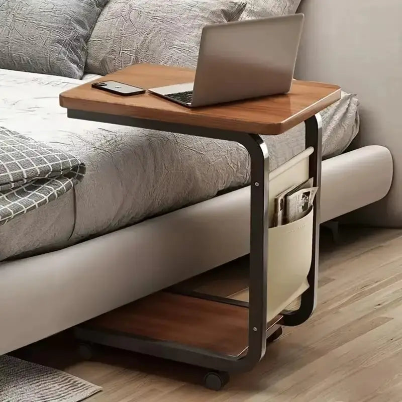 Table d’appoint roulante en bois massif avec rangement
