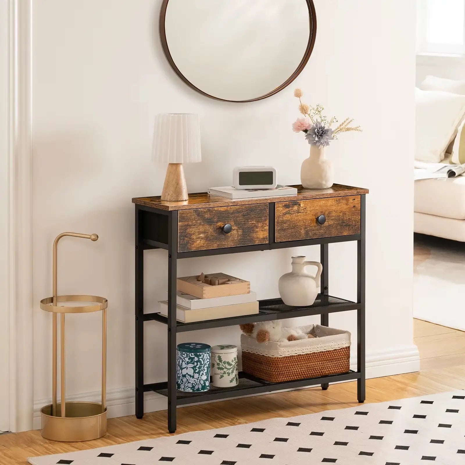 Table Console Fine avec 2 Tiroirs et Étagères