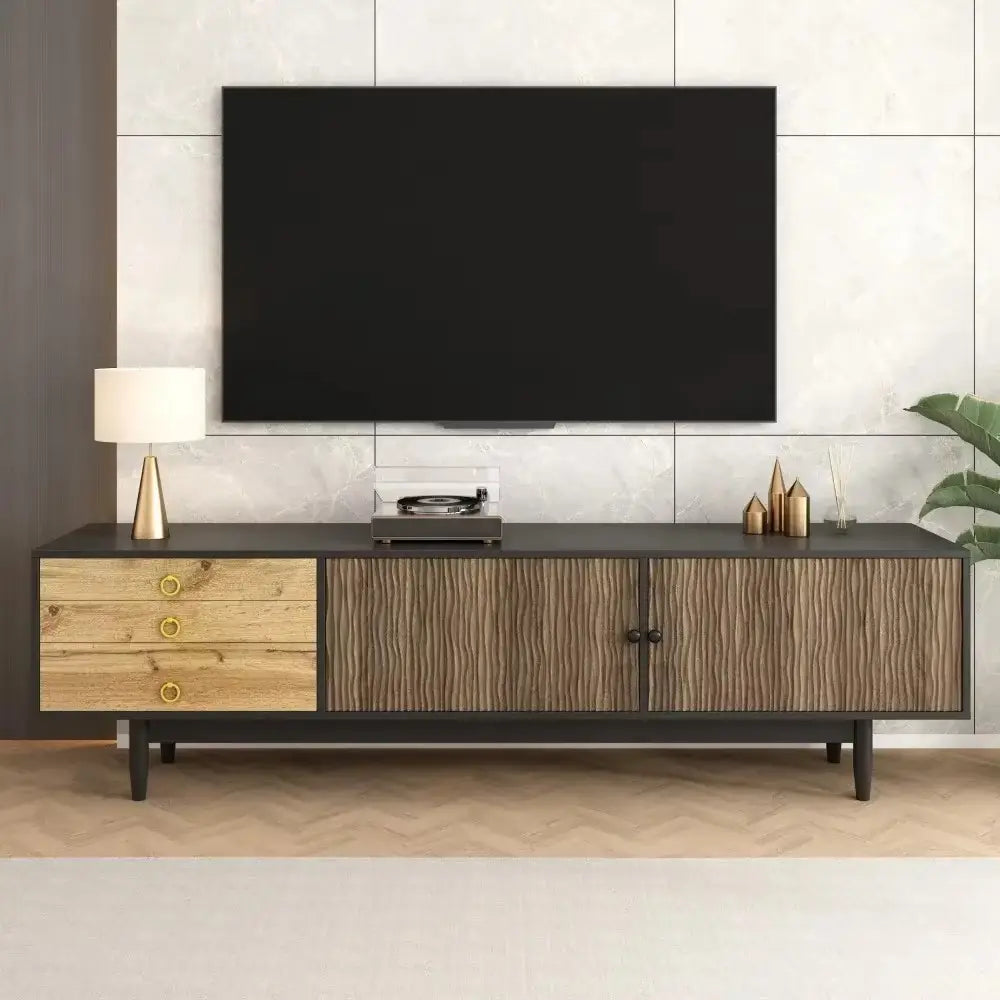 Meuble TV 180 cm bois & noir avec façades texturées