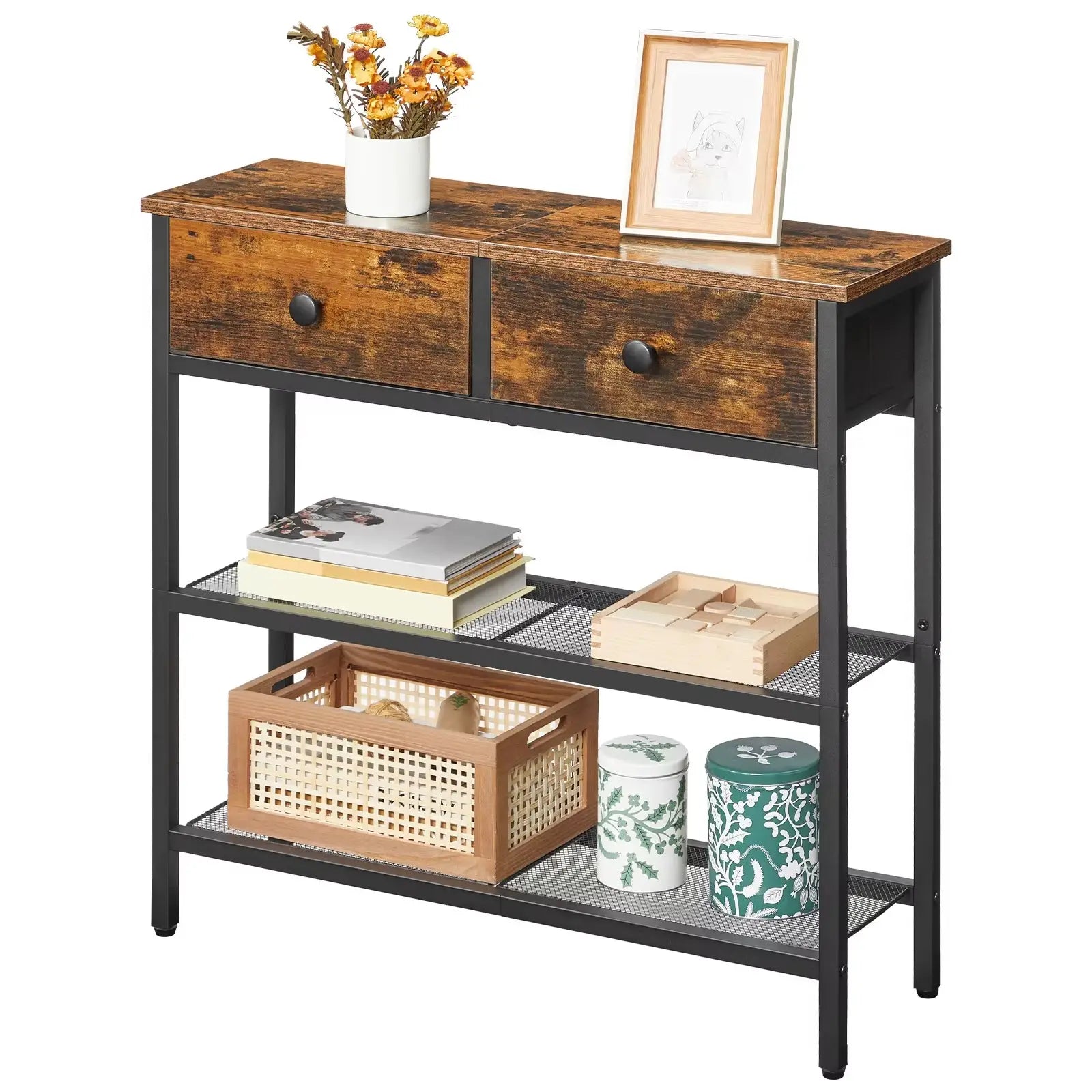 Table Console Fine avec 2 Tiroirs et Étagères