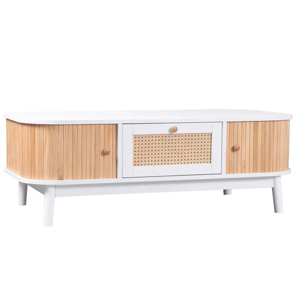 Table basse rotin et bois avec rangement intégré