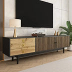 Meuble TV 180 cm bois & noir avec façades texturées