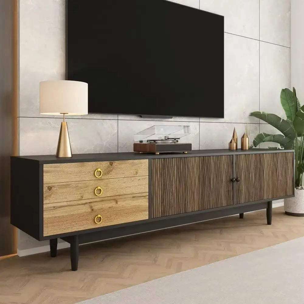 Meuble TV 180 cm bois & noir avec façades texturées