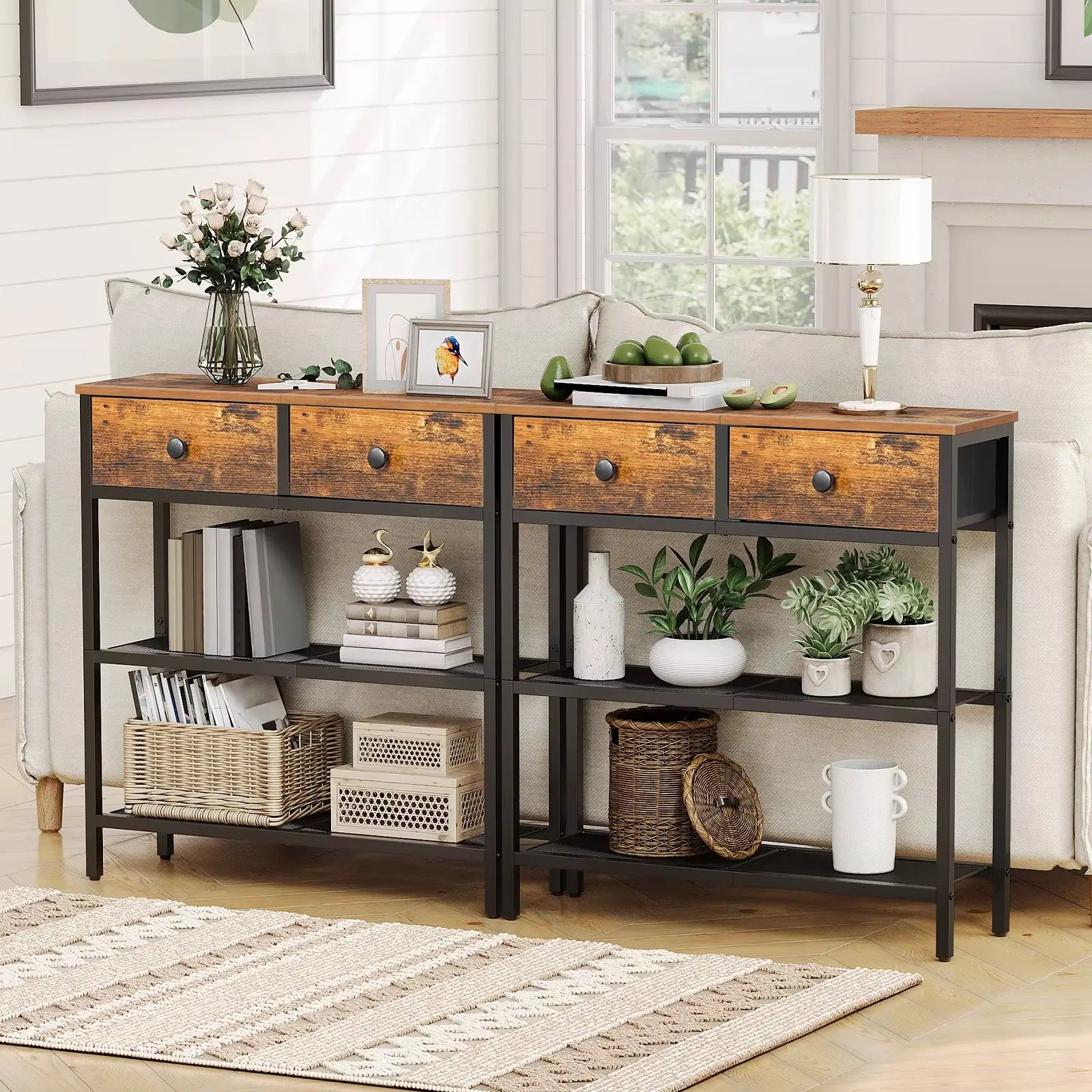 Table Console Fine avec 2 Tiroirs et Étagères