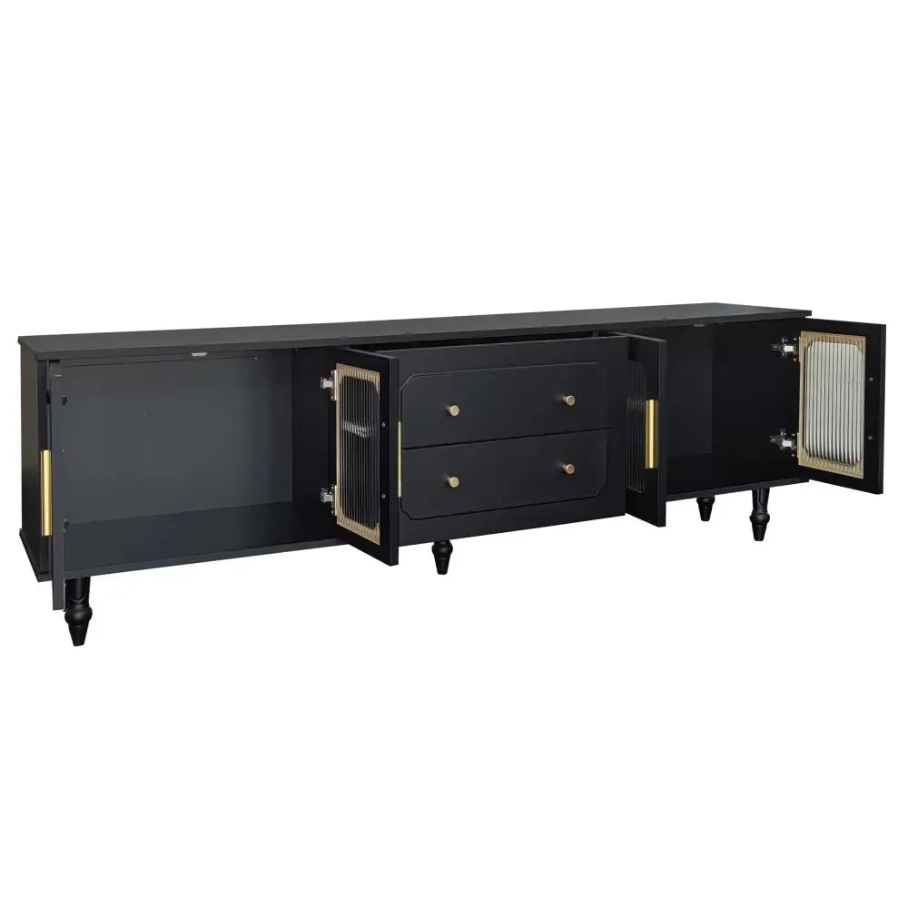 Meuble TV design noir avec verre cannelé et rangement optimal