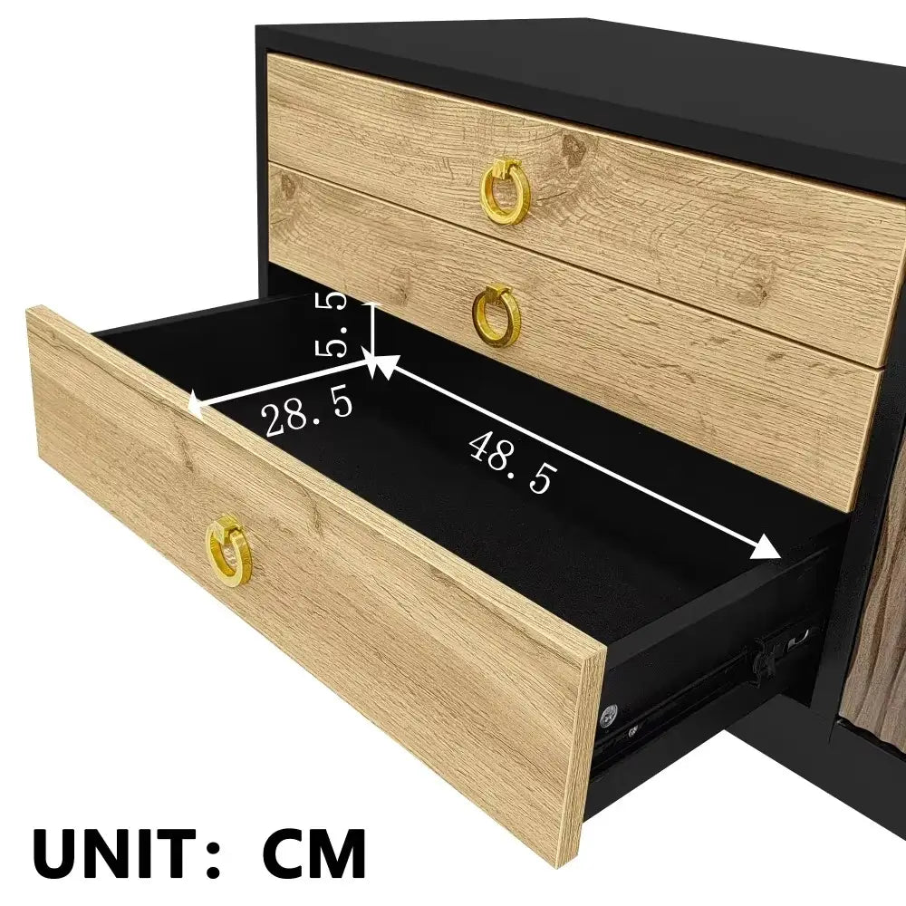 Meuble TV 180 cm bois & noir avec façades texturées