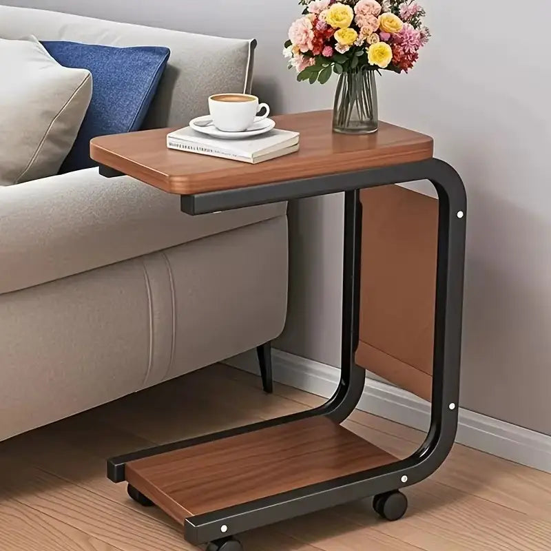Table d’appoint roulante en bois massif avec rangement